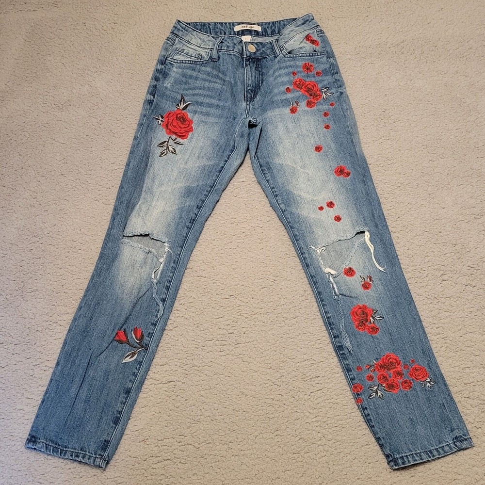 Womens Refuge Blue Pants Rose Embroidered Straight Leg Size 0 Measures 23x28